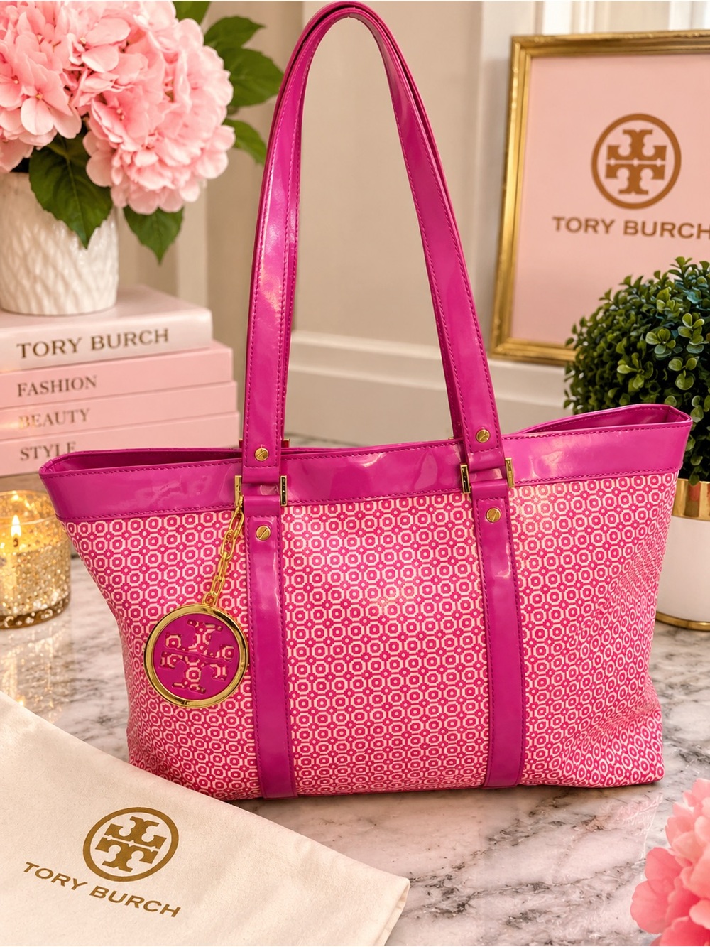 Tory Burch Hot Pinkish/Purple Patterned Tote with Gold Logo Charm